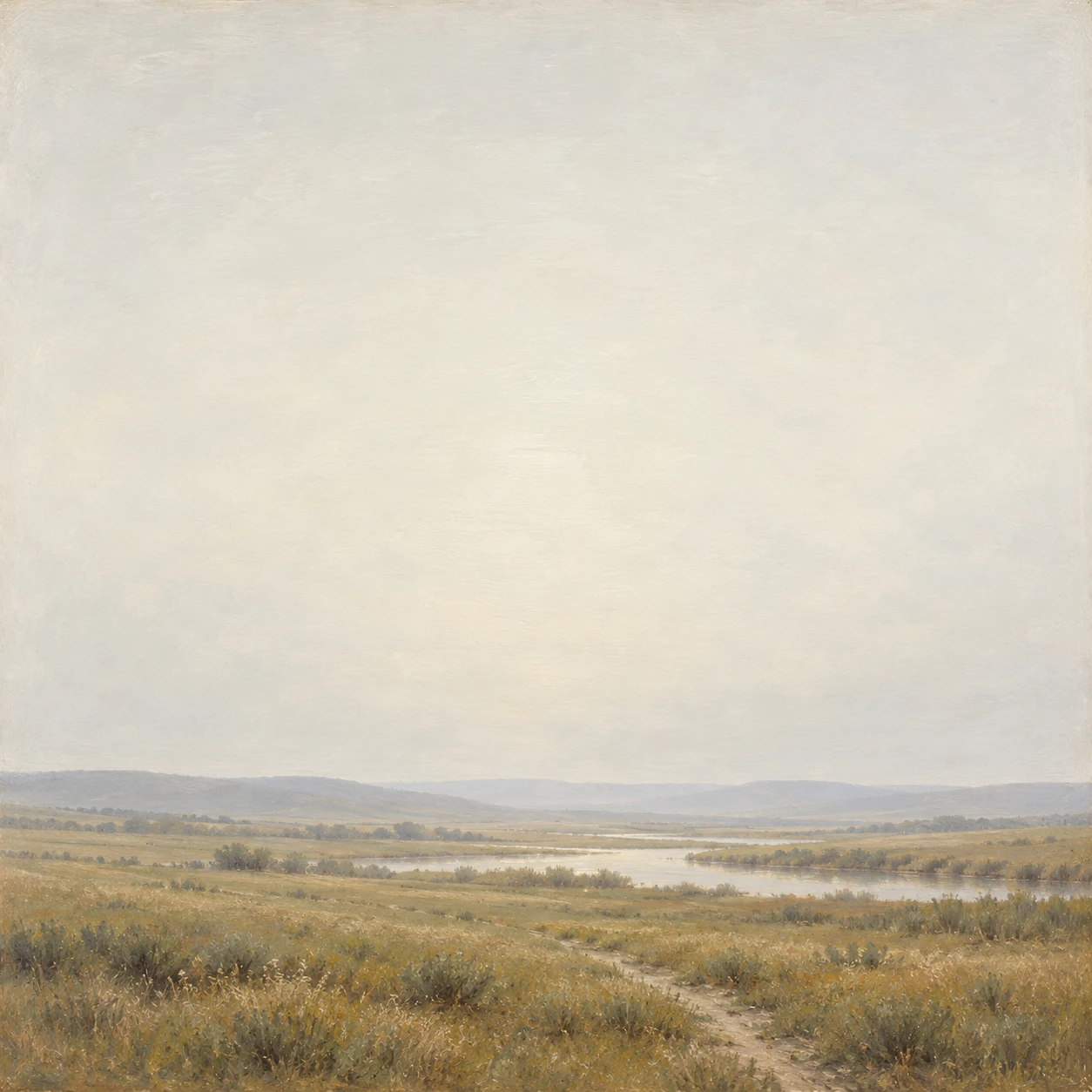 Muted sage meadow beneath an open silver sky