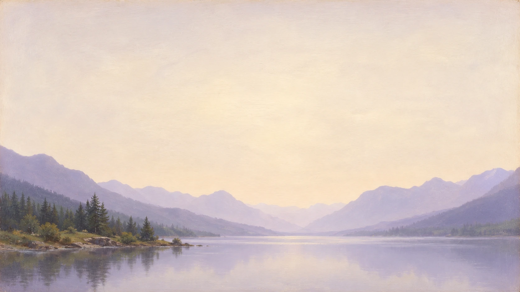 Still lavender lake and a low wooded shore