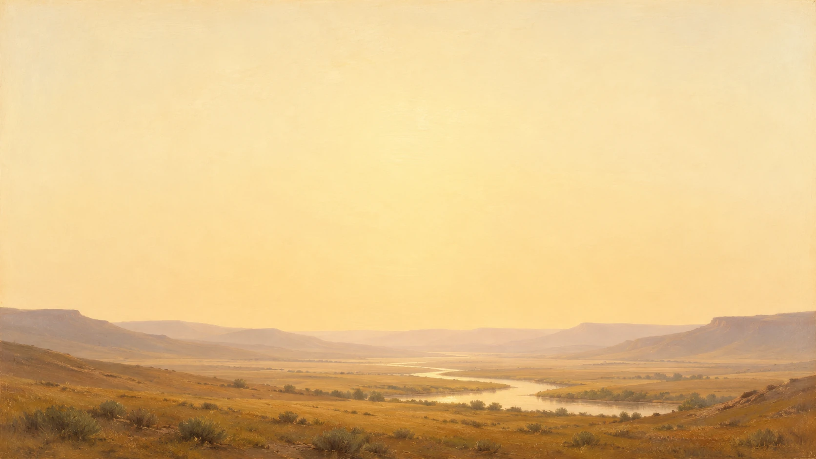 Golden valley with low rolling hills and a wide quiet sky